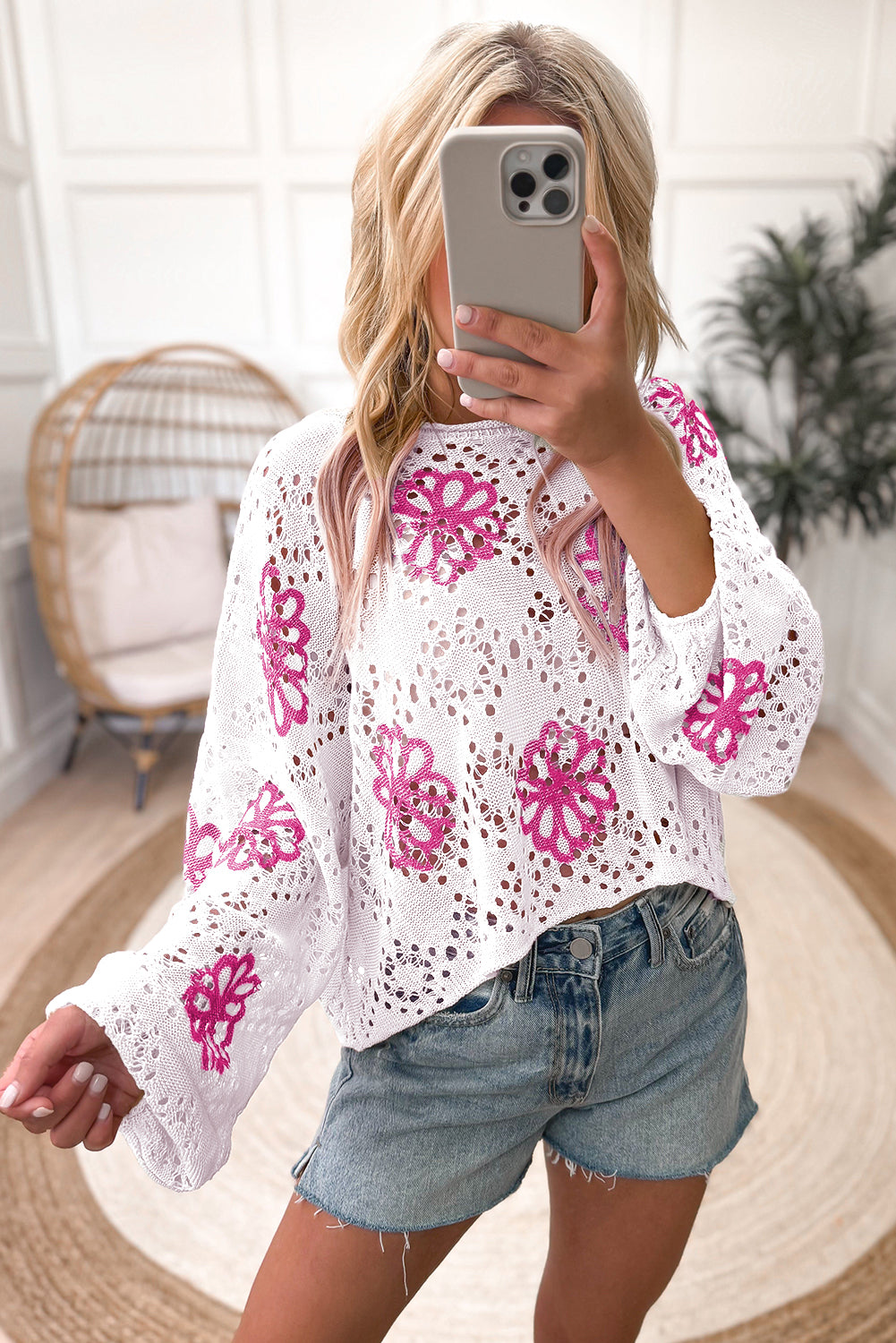 Beige Contrast Flower Print Eyelet Drop Shoulder Sweater