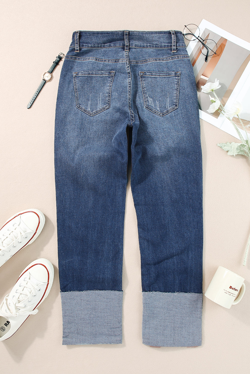 High Waist Distressed Straight Leg Jeans