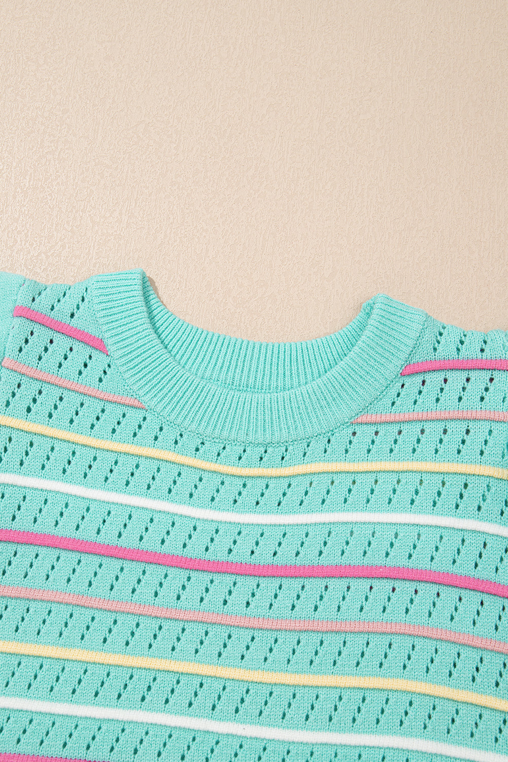 Oatmeal Colorful Striped Eyelet Knit Ruffled Sleeve Sweater T Shirt