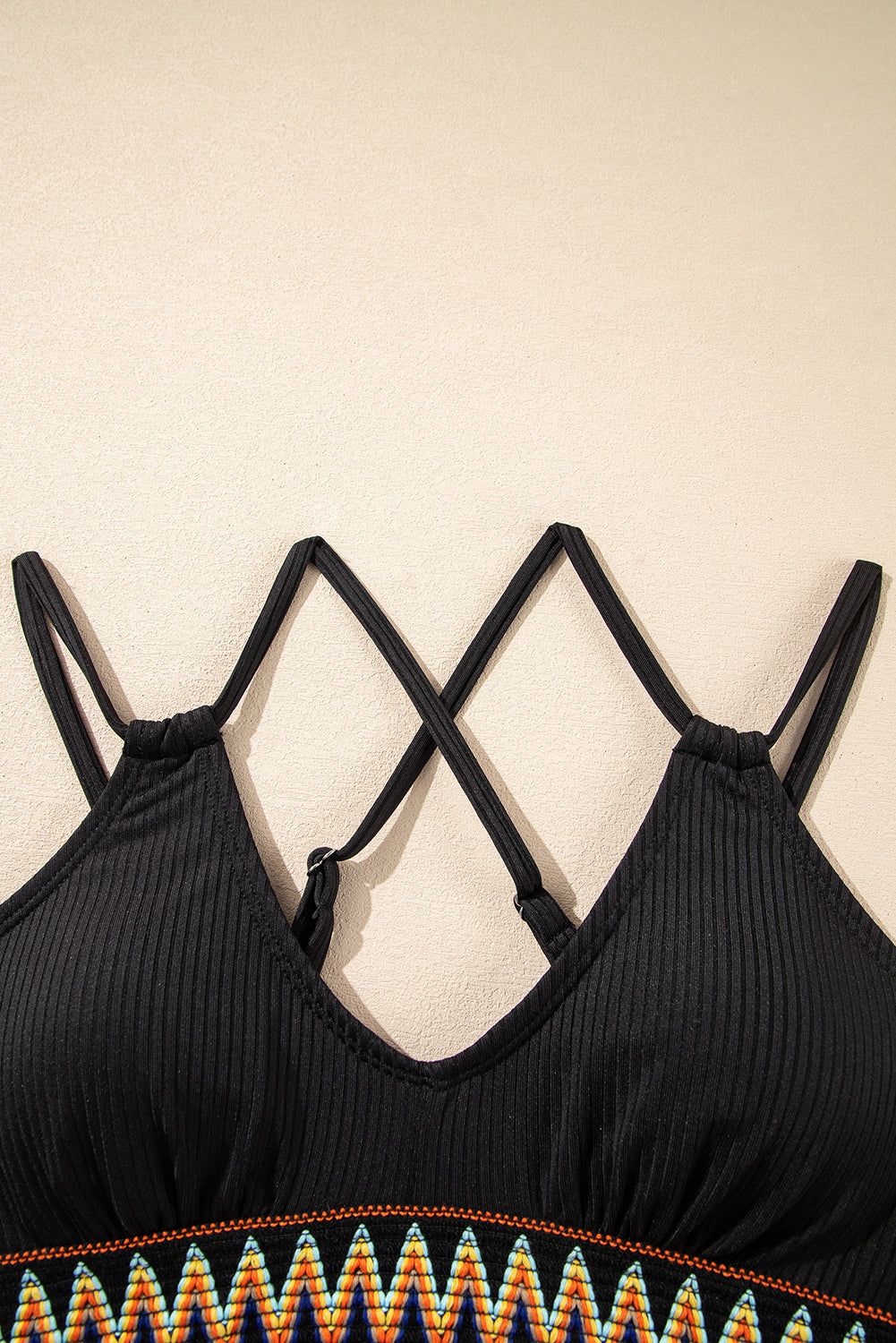 Sky Blue Ribbed Knit Tribal Contrast Detail 2pcs High Waist Swimsuit