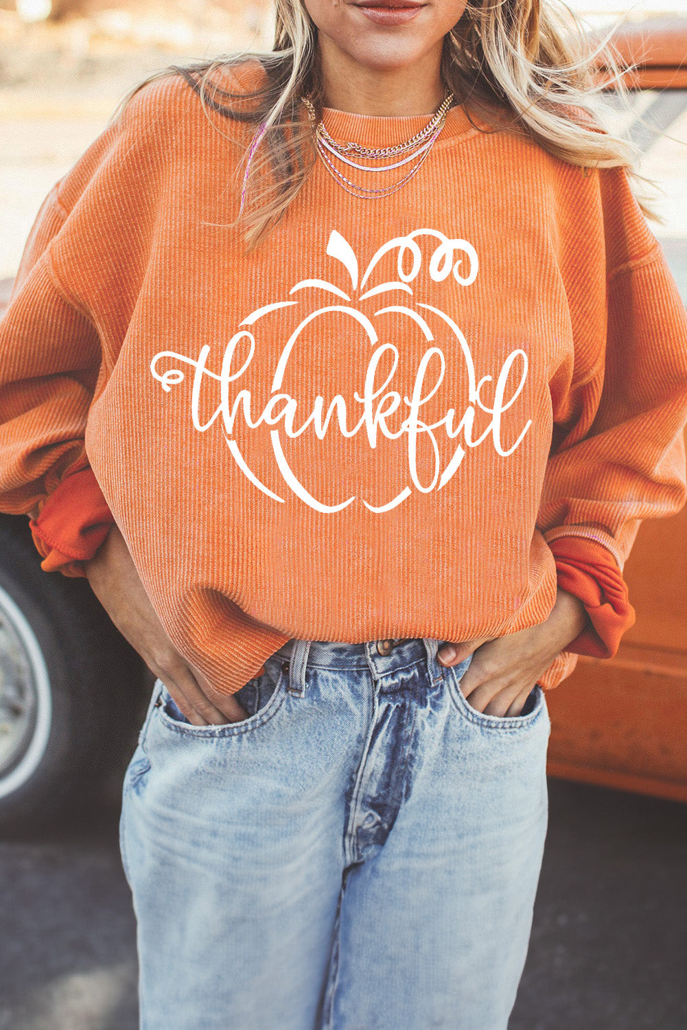 Orange Thankful Ribbed Crew Neck Thanksgiving Sweatshirt