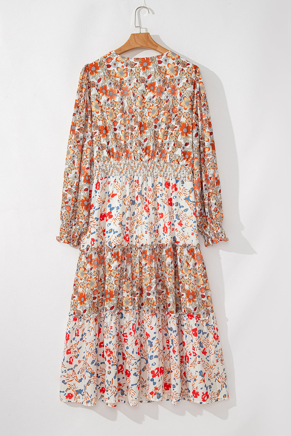 Khaki Floral Print Ruffled Tiered Long Sleeve V Neck Midi Dress