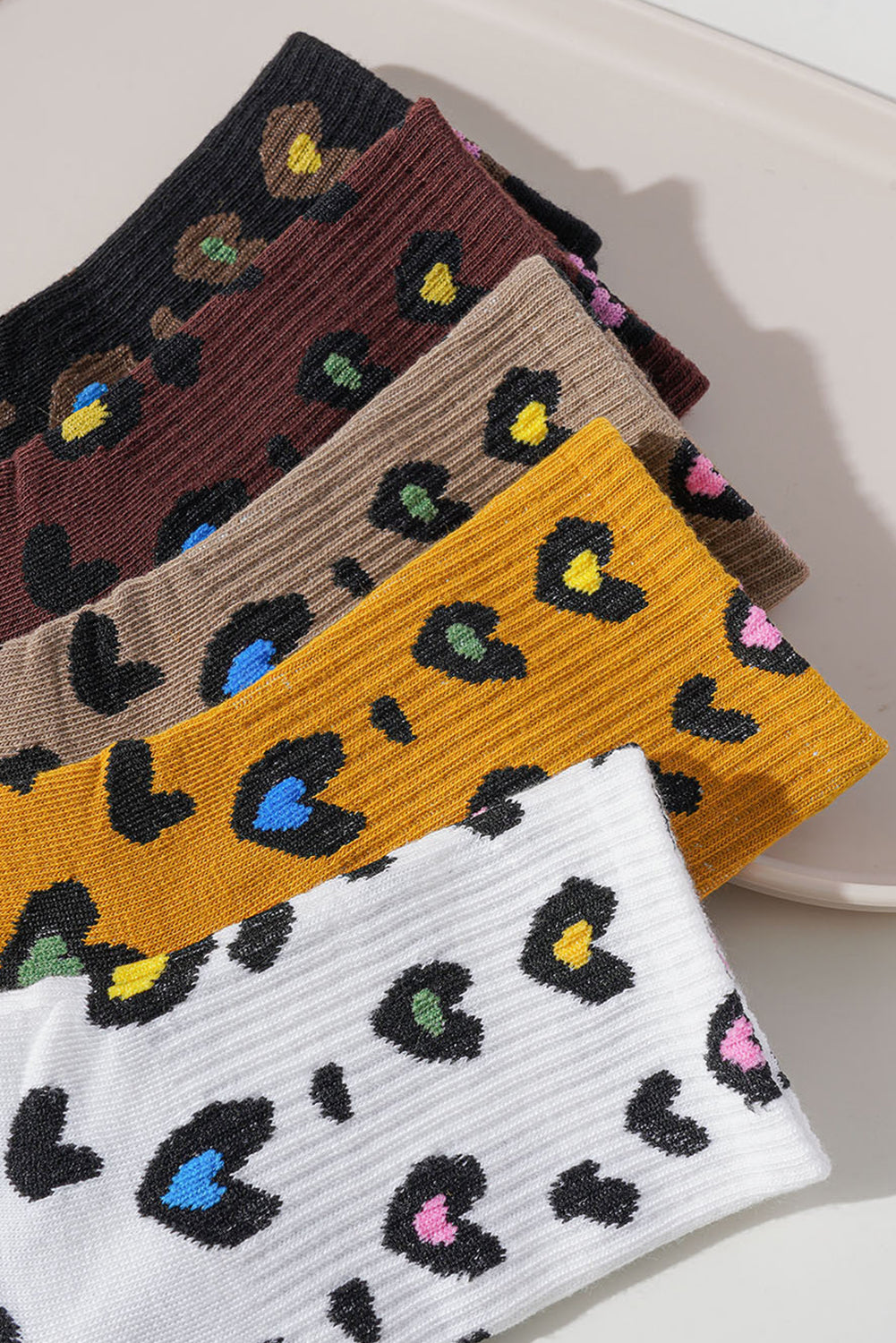 Bristol Black 5 Pairs Ribbed Trim Leopard Print Socks