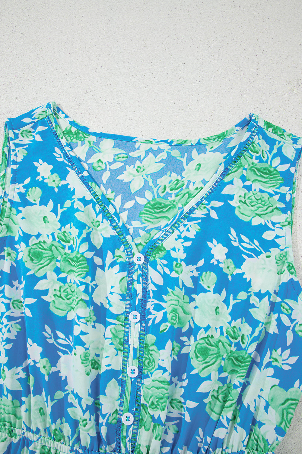Green Floral Print Trimmed V Neck Tie Waist Sleeveless Holiday Long Dress