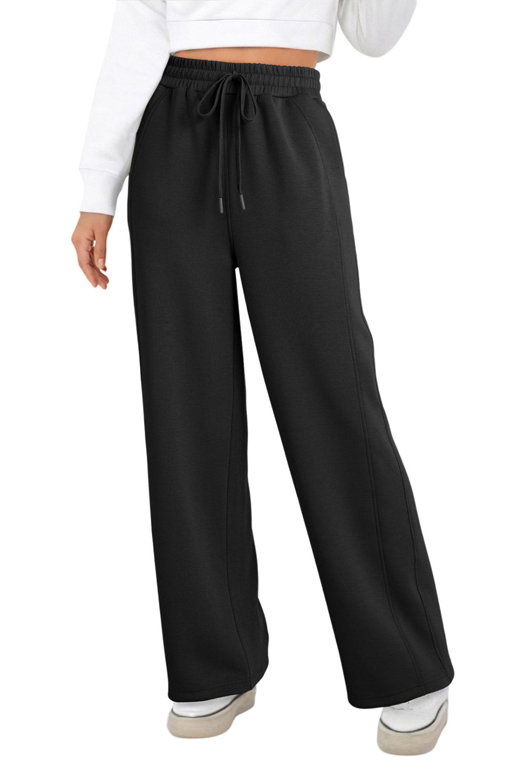 Black Scuba Drawstring Elastic Waistband Solid Color Sweatpants