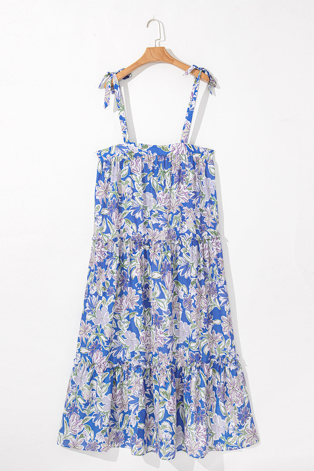 Sky Blue Floral Print Self-tie Straps Flowy Ruffle Long Dress