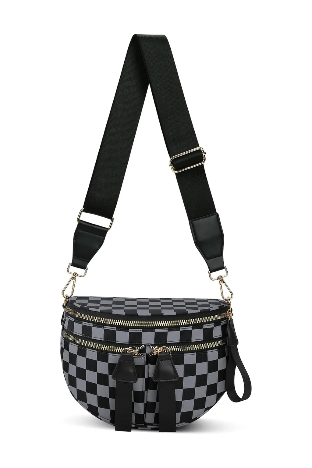 Color black Checkered Print Multi Pocket Zipped Canvas Crossbody Bag