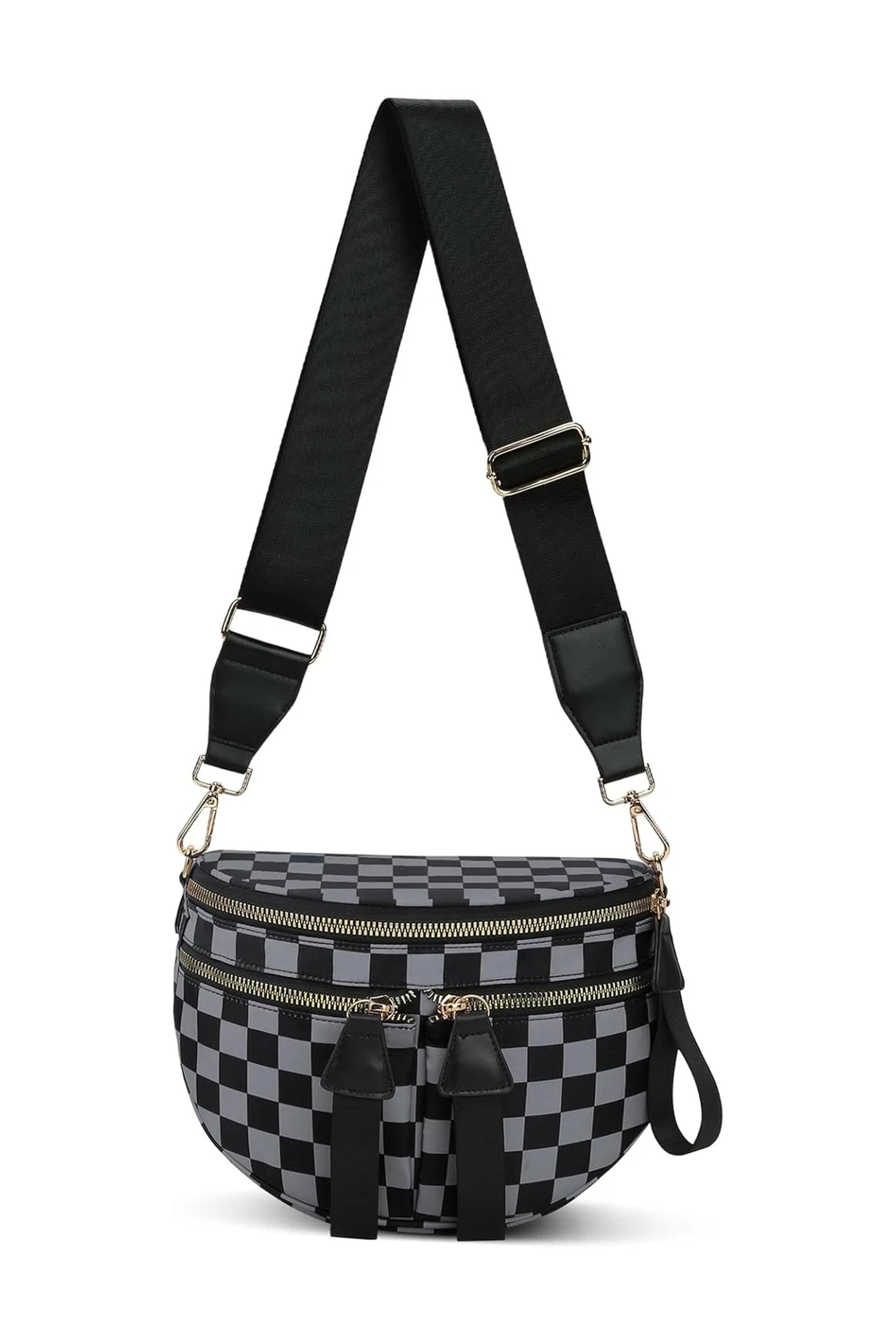 Color black Checkered Print Multi Pocket Zipped Canvas Crossbody Bag