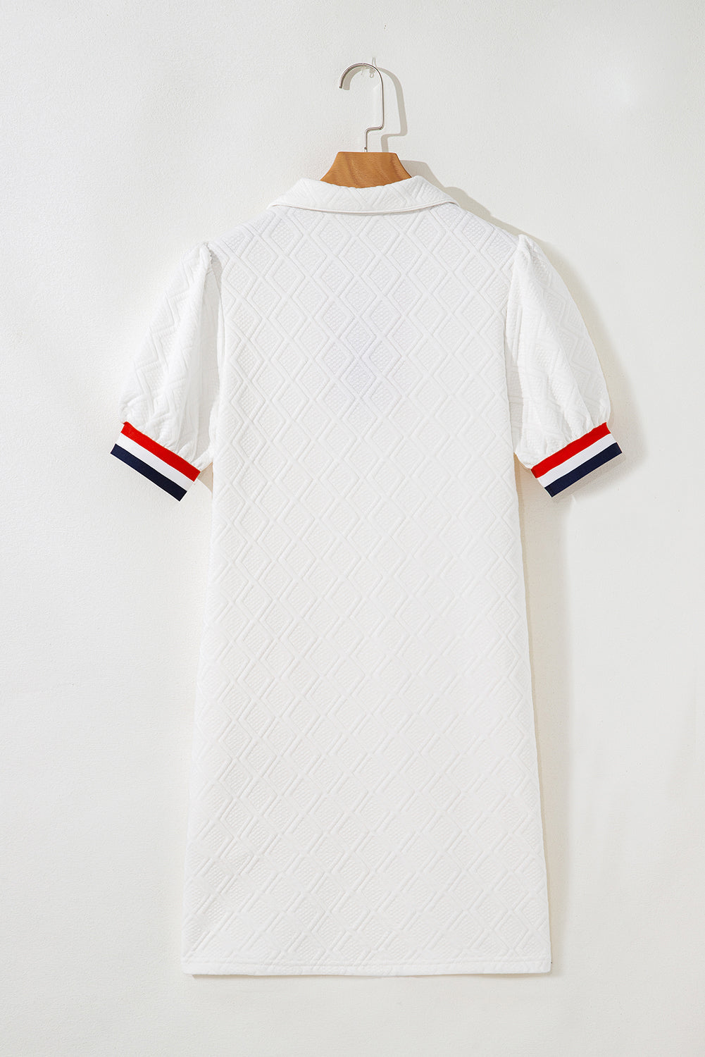 White Textured Contrast Striped Detail Sequin Flag Patched Zip Collar T Shirt Dress