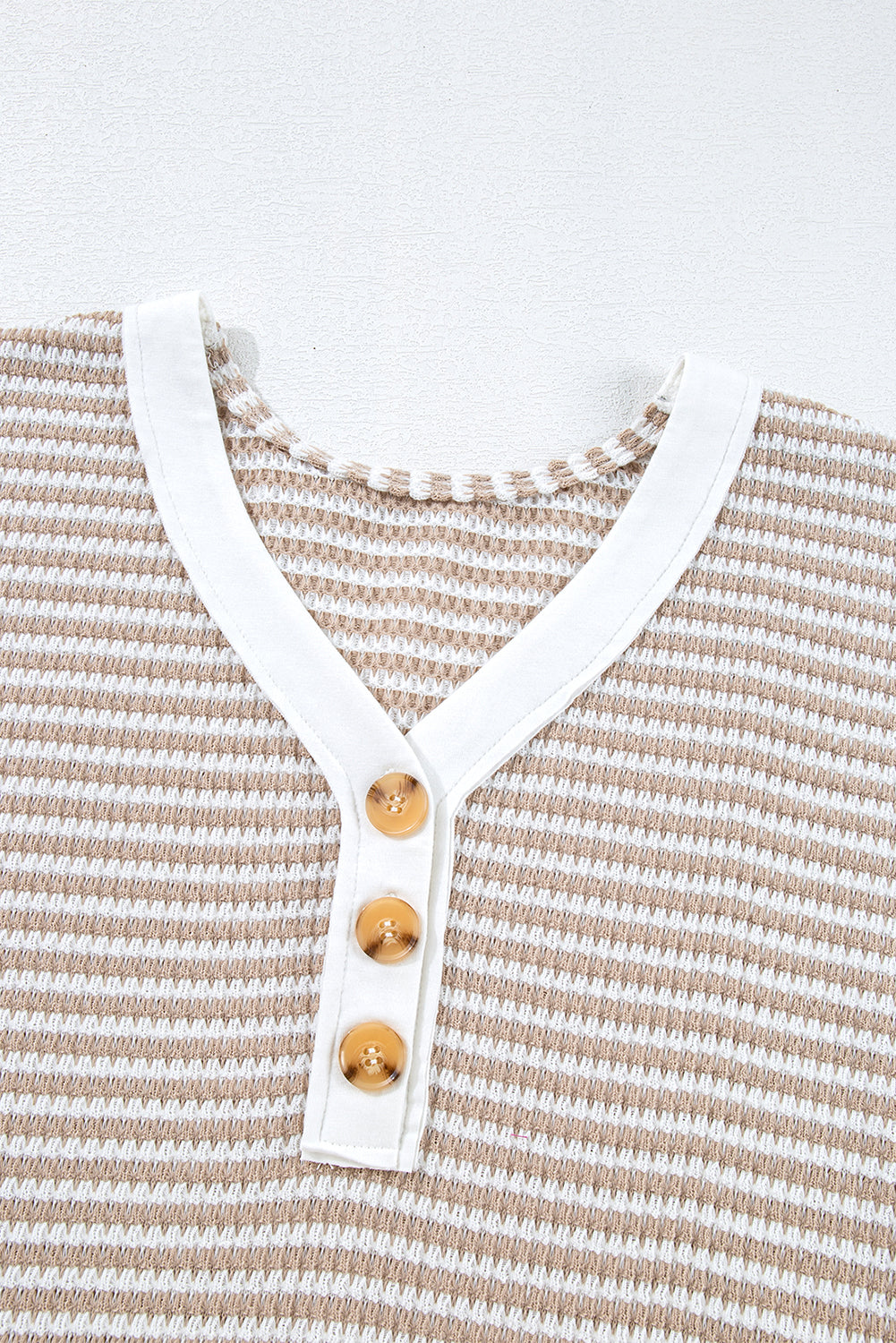 Khaki Stripe Buttoned Front V Neck Knitted T Shirt