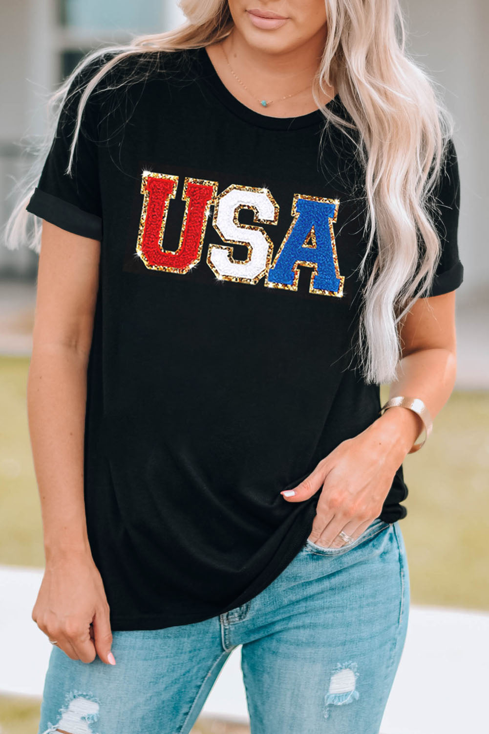 Gray Blooming USA Flag Print Casual T Shirt