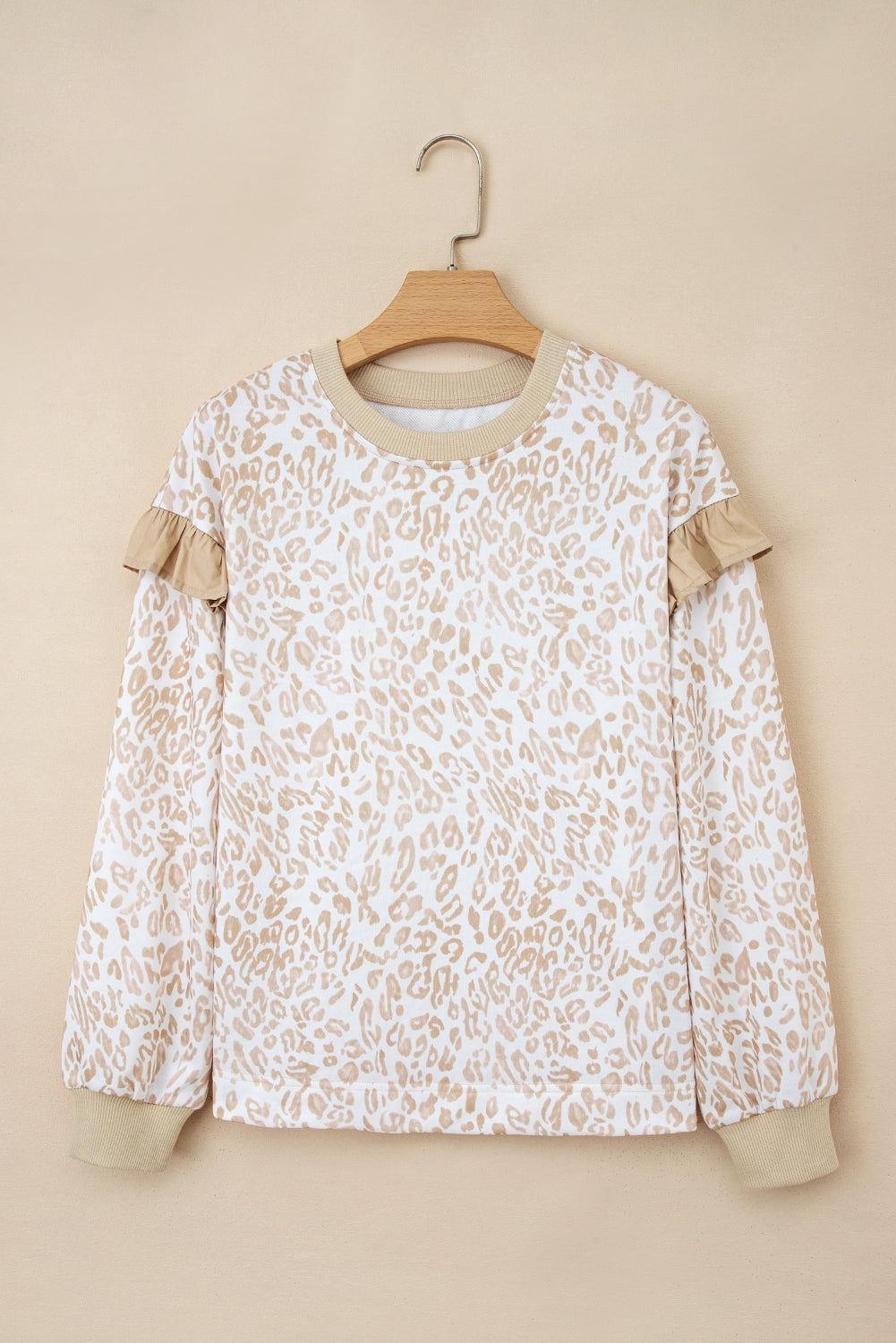 Khaki Plus Size Ruffled Arm Leopard Sweatshirt