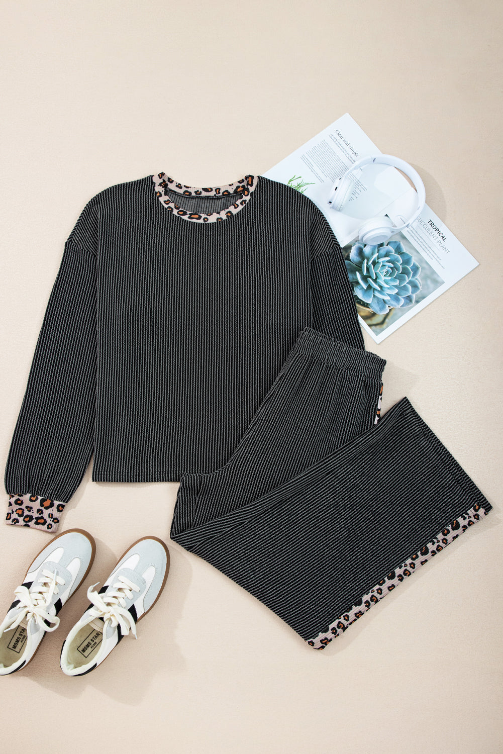 Carbon Grey Leopard Patchwork Edge Twisted Rib T Shirt and Cropped Pants Set