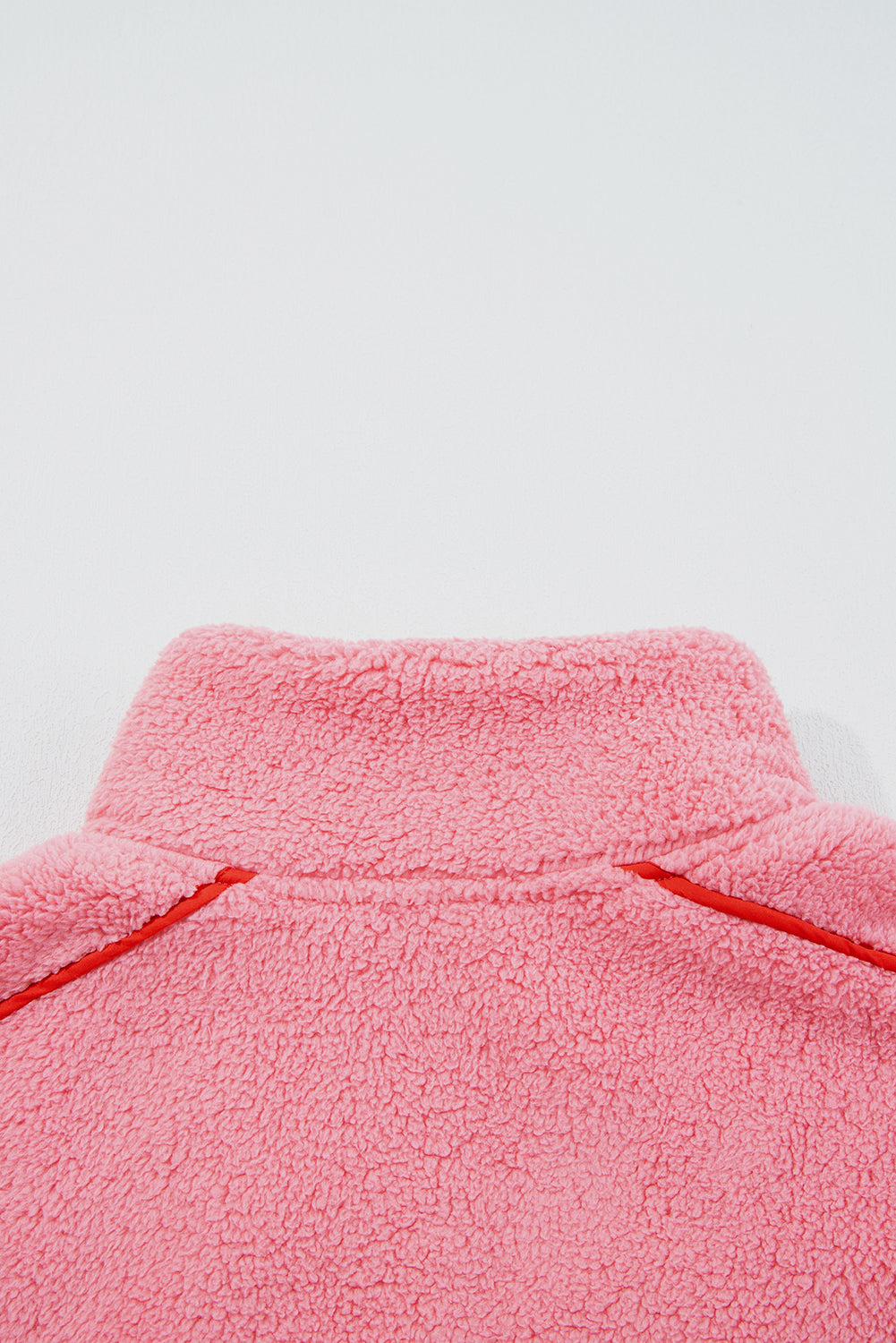 Strawberry Pink Sherpa Contrast Faux Leather Trim Half Zip Pocketed Pullover Sweatshirt