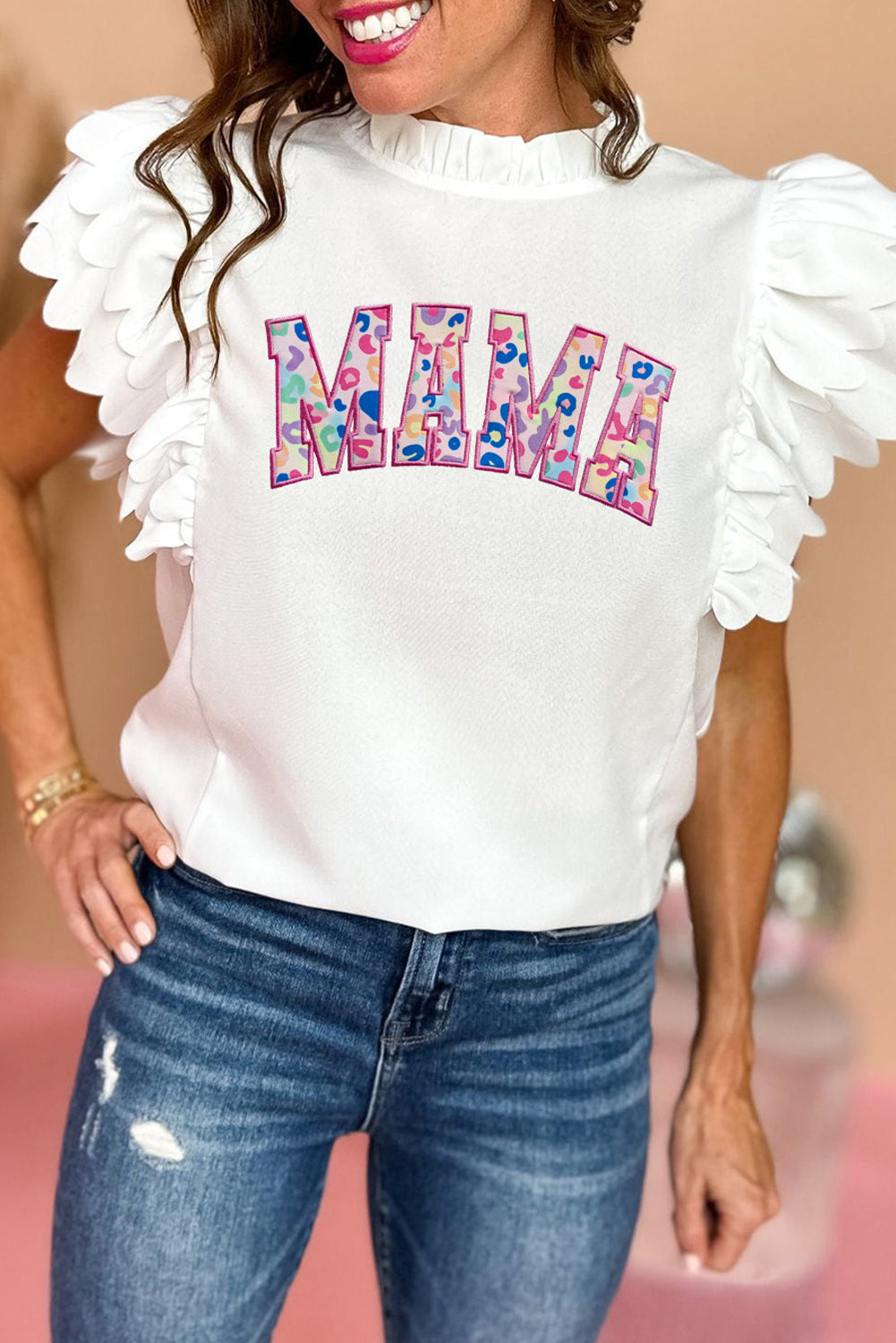 Bright Pink Solid Color Scalloped Ruffle Sleeve Top