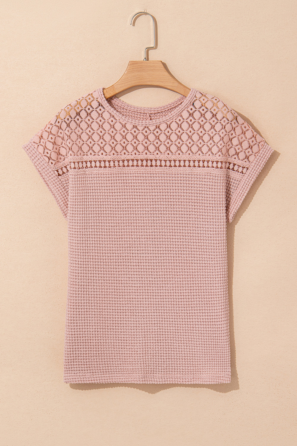 Mist Green Lace Patchwork Waffle Short Sleeve Top