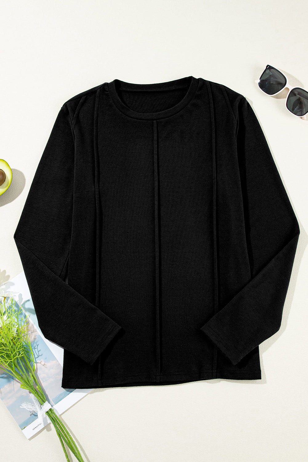 Chicory Coffee Solid Exposed Seam Crew Neck Long Sleeve Top