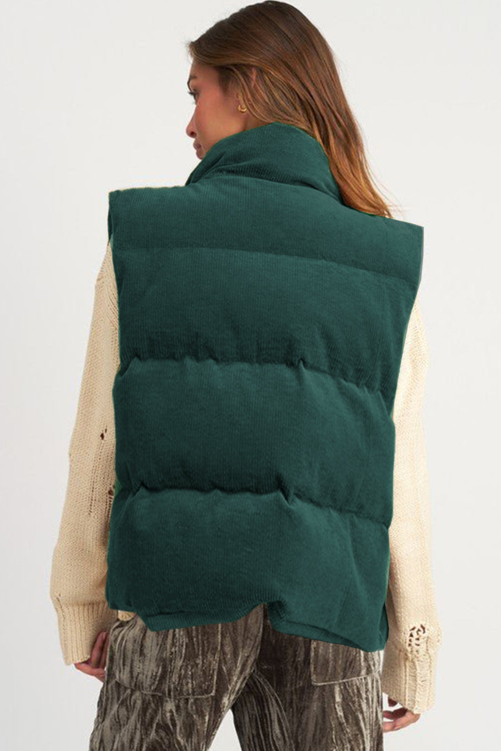 Beige Corduroy Stand Neck Zipped Puffer Vest