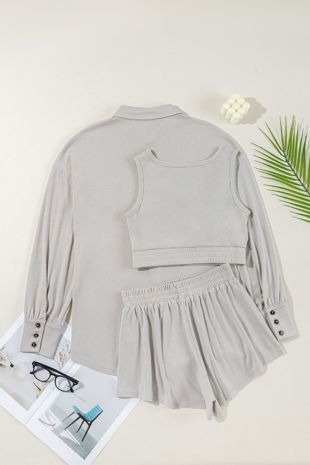 Black 3 Pcs Crop Tank Top Shorts with Cardigan Lounge Set