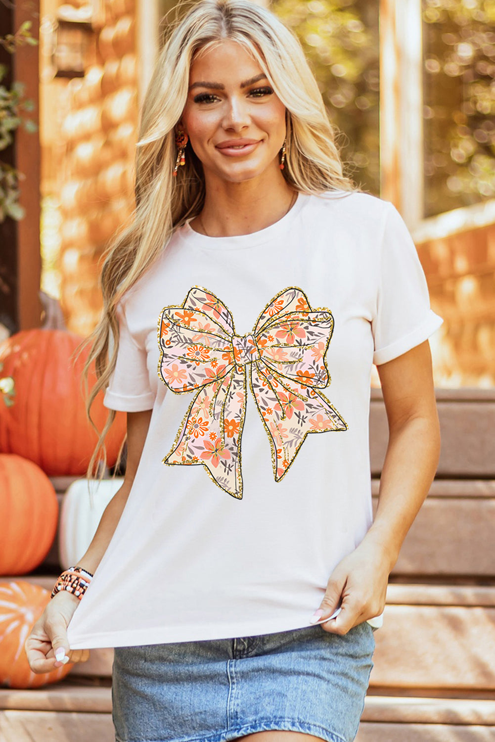 White Glitter Trim Floral Bow Print Cotton Blend T Shirt