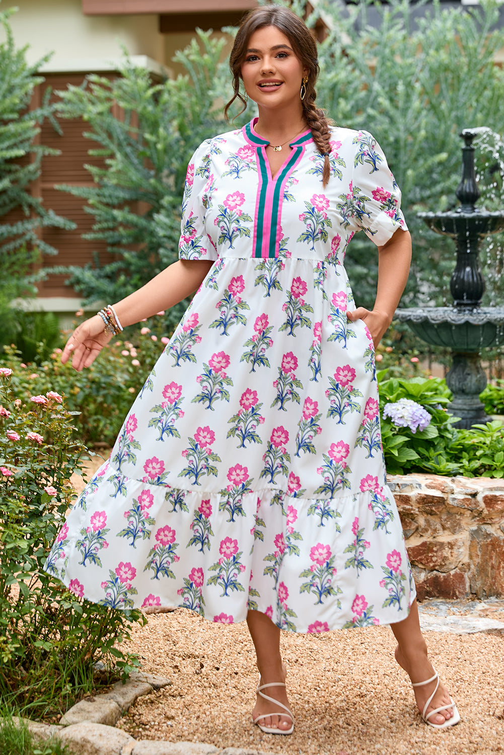 White Floral Puff Short Sleeve V Neck High Waist Maxi Dress