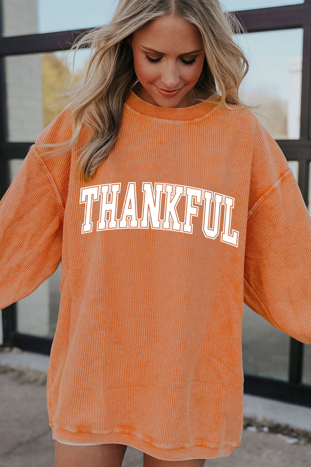 Orange Thankful Ribbed Crew Neck Thanksgiving Sweatshirt