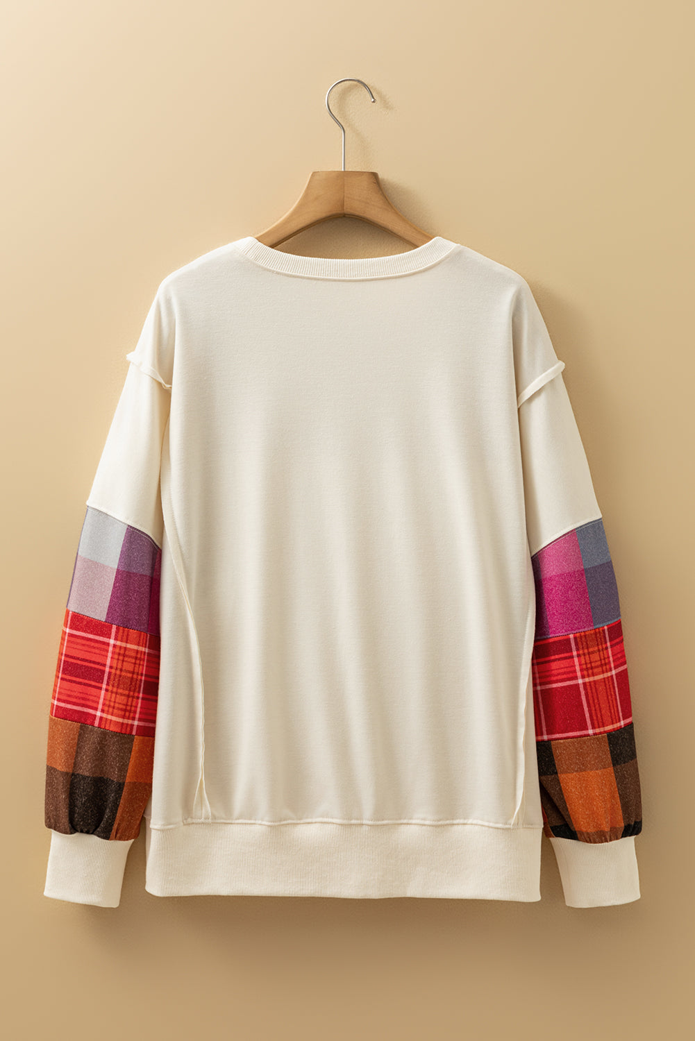 Beige Plus Size Multicolor Plaid Patchwork Sleeve Pullover Top