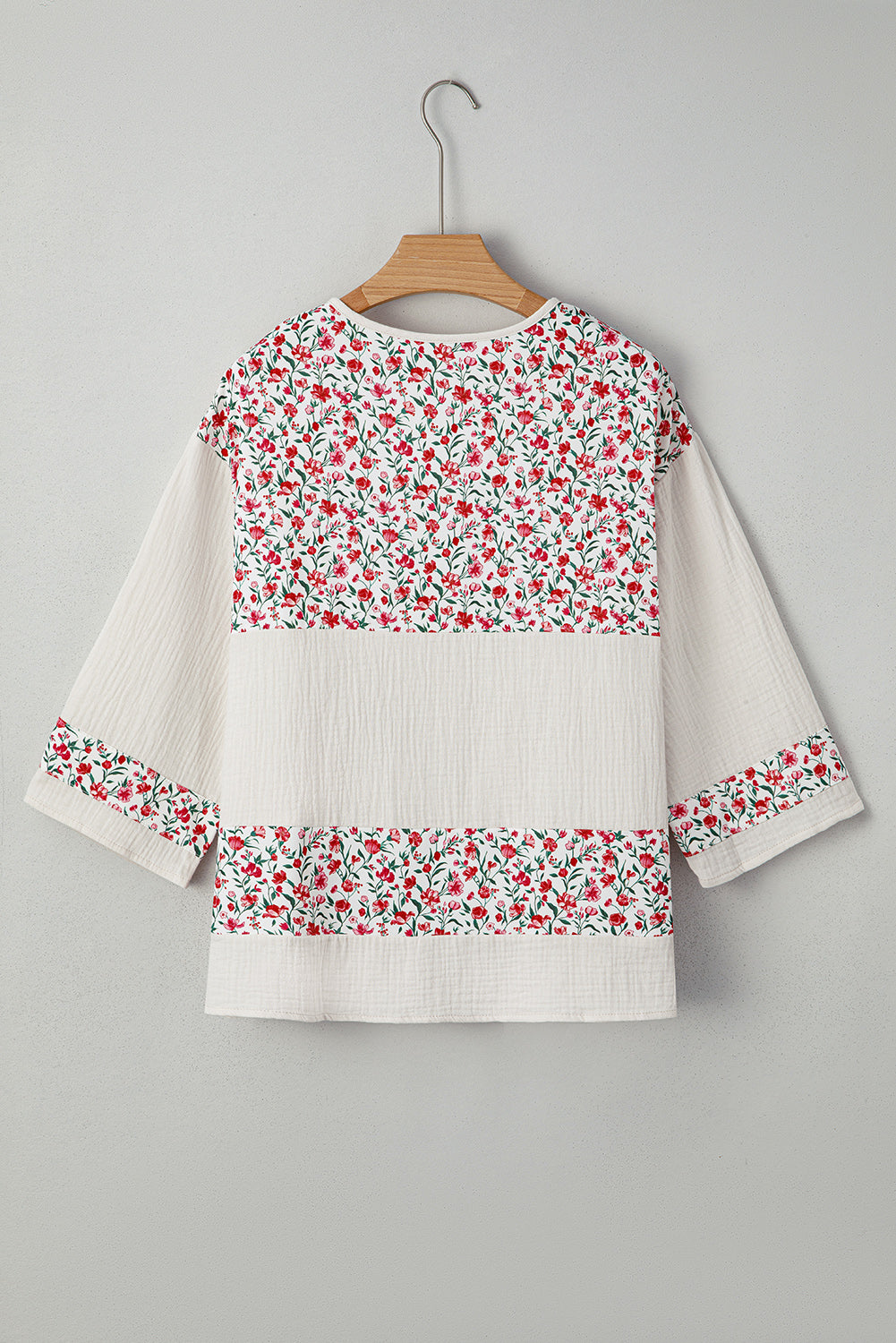 Sky Blue Floral Print Gauze Patchwork Henley Button 3/4 Sleeve Blouse