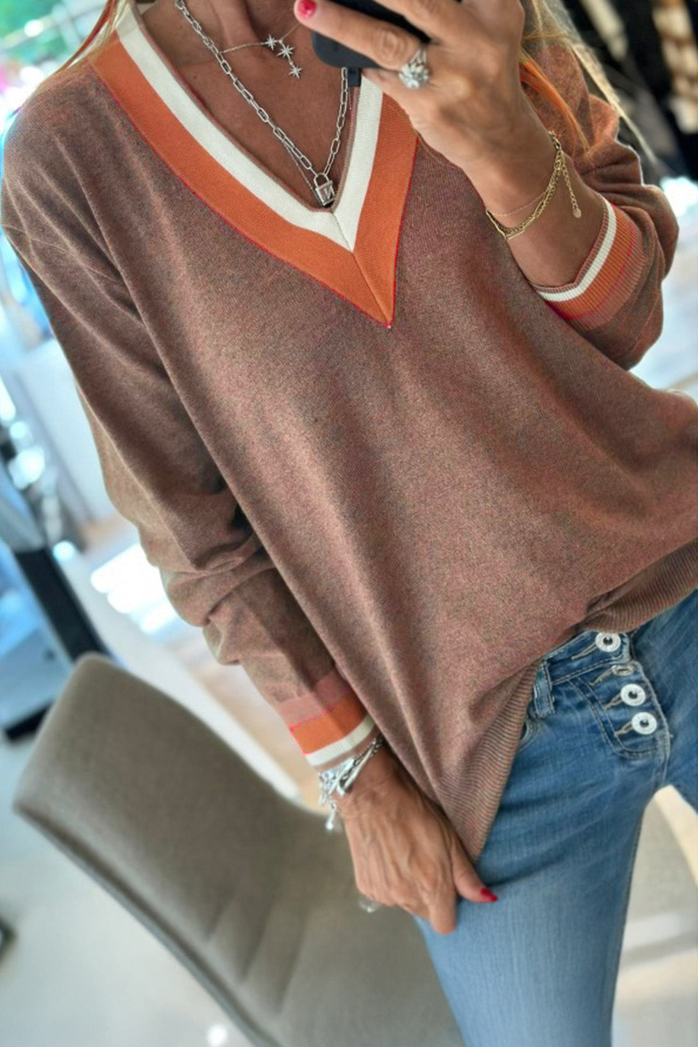 Black Contrast Striped Trim V Neck Varsity Sweater
