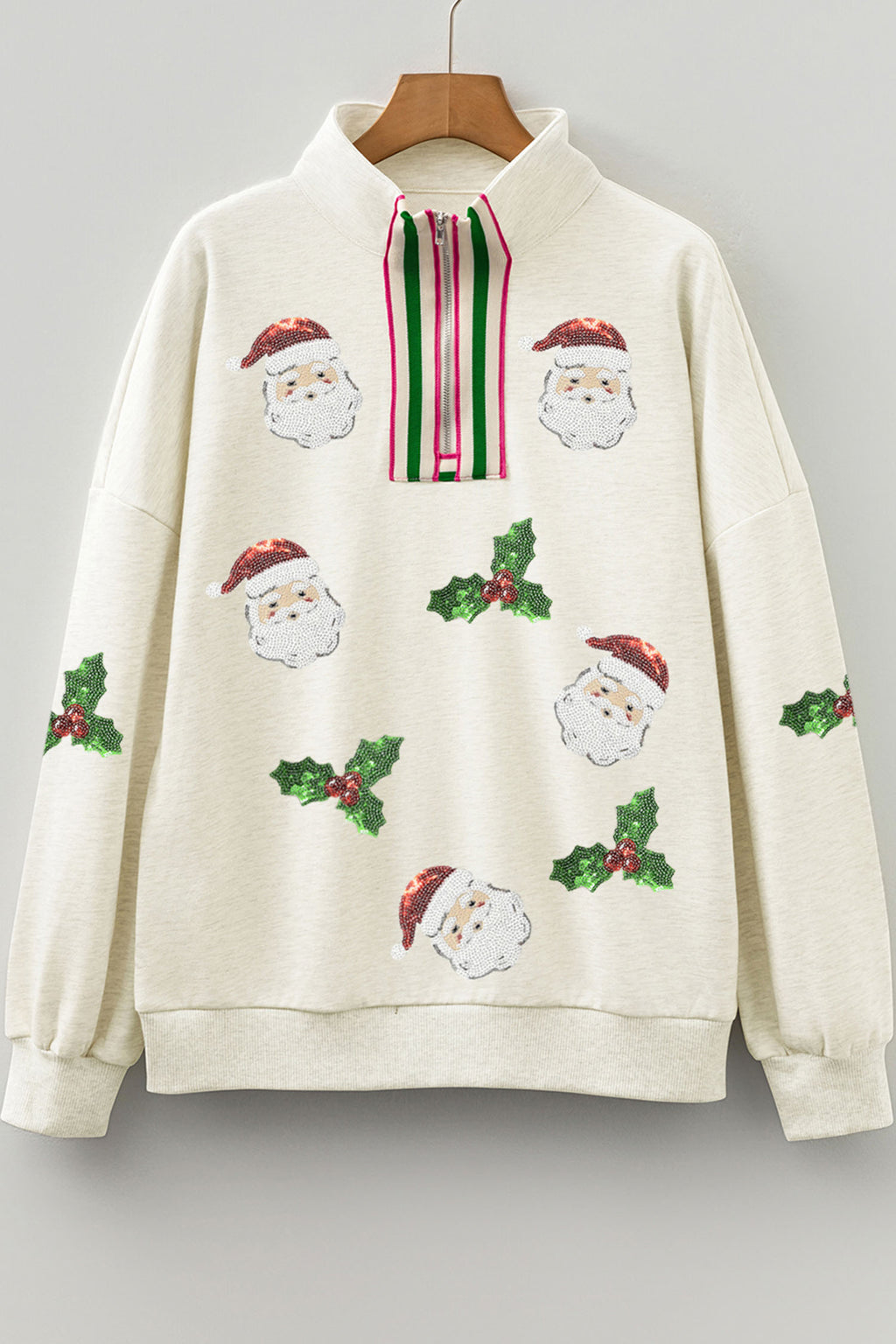 Light Grey Sequin Santa Christmas Holly Patched Striped Trim Zip V Neck Sweatshirt
