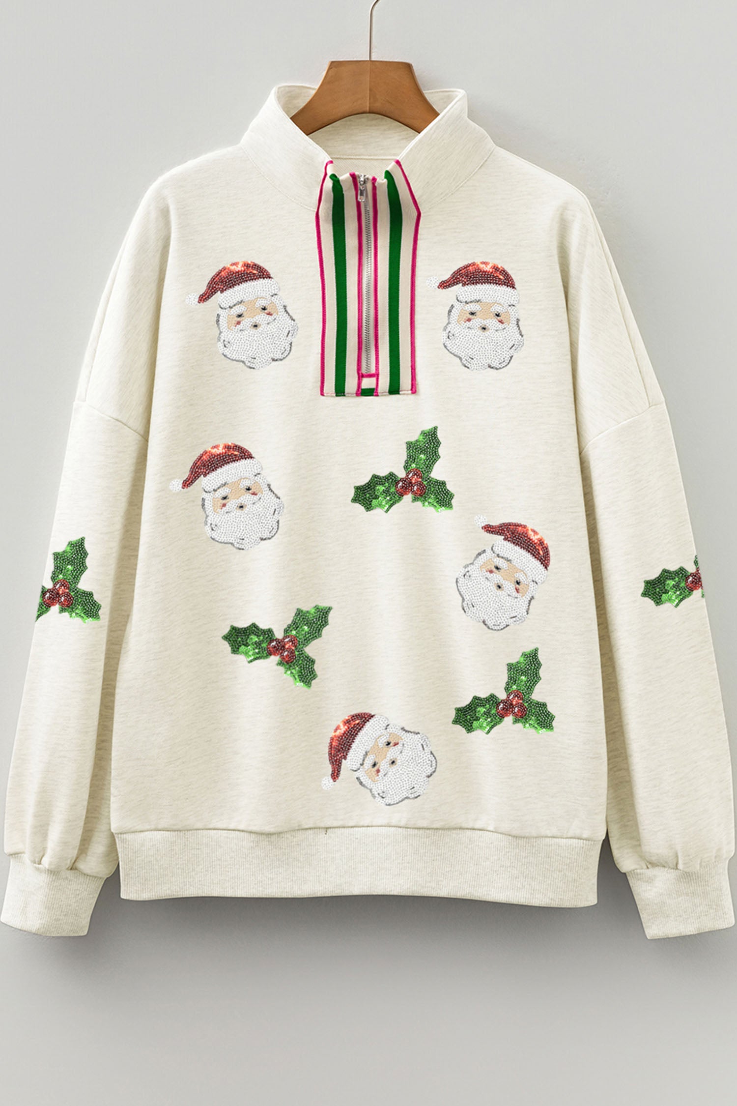 Light Grey Sequin Santa Christmas Holly Patched Striped Trim Zip V Neck Sweatshirt