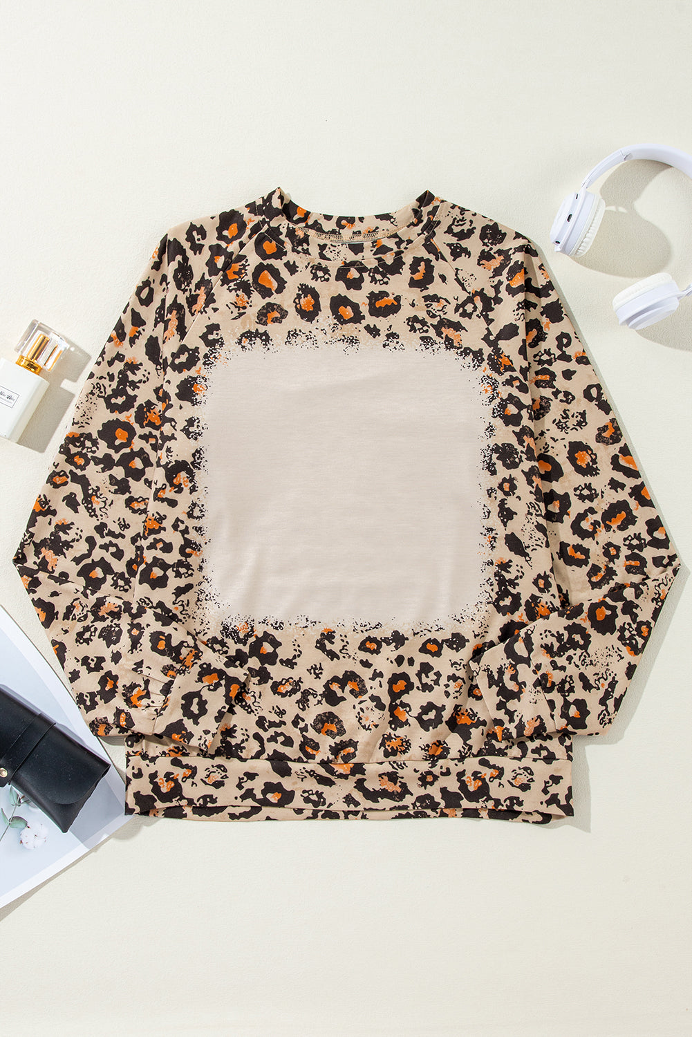 Brown Bleached Halloween Pumpkin Leopard Print Sweatshirt