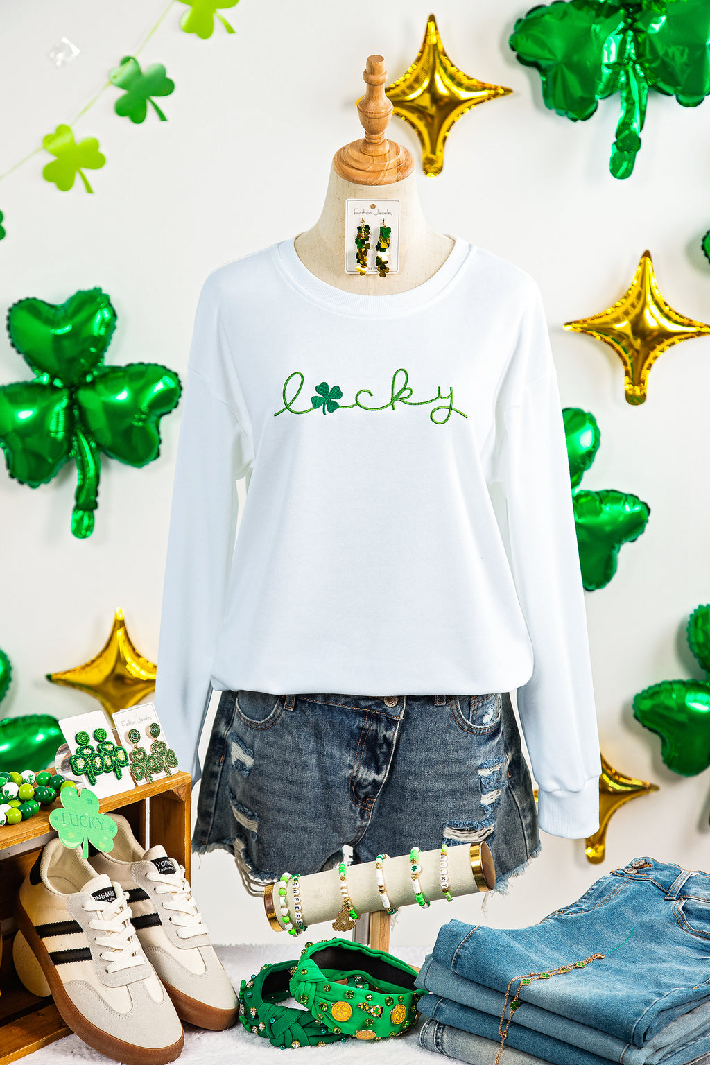 White LUCKY Clover Embroidered Long Sleeve Top