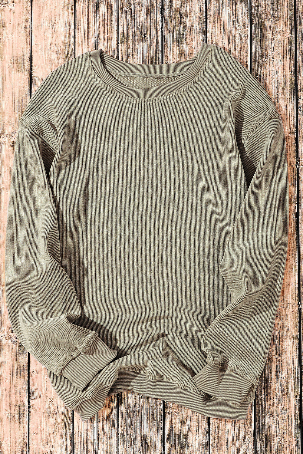 Pink Solid Ribbed Knit Round Neck Pullover Sweatshirt