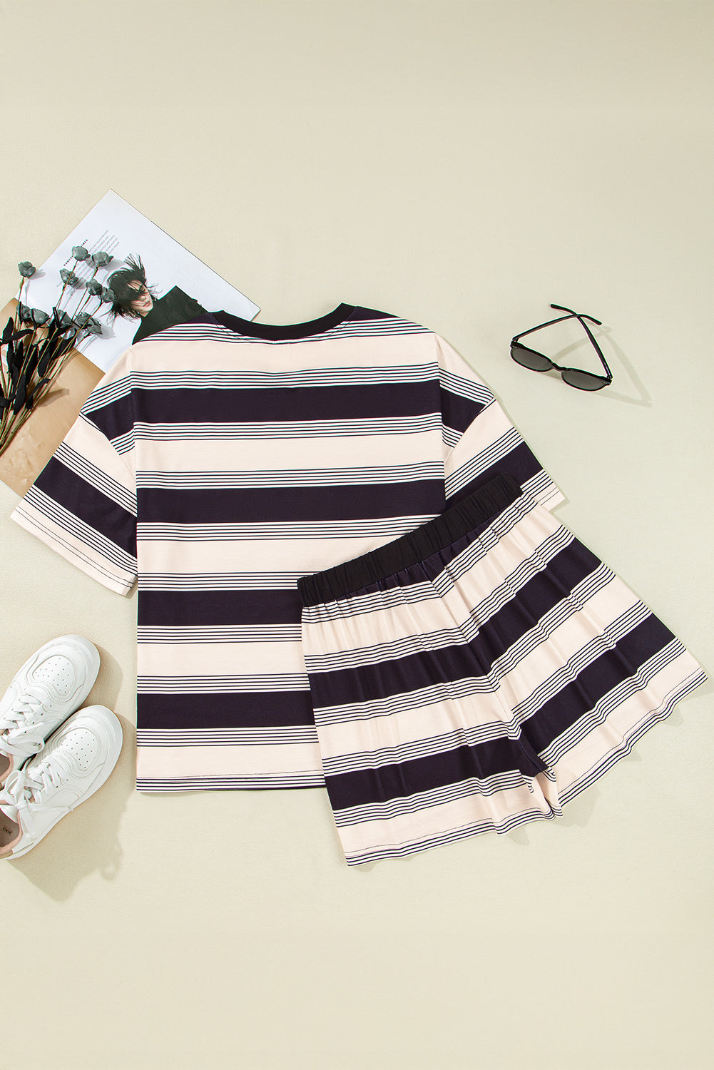 Black Stripe Short Sleeve T Shirt and High Waist Pocketed Shorts Set