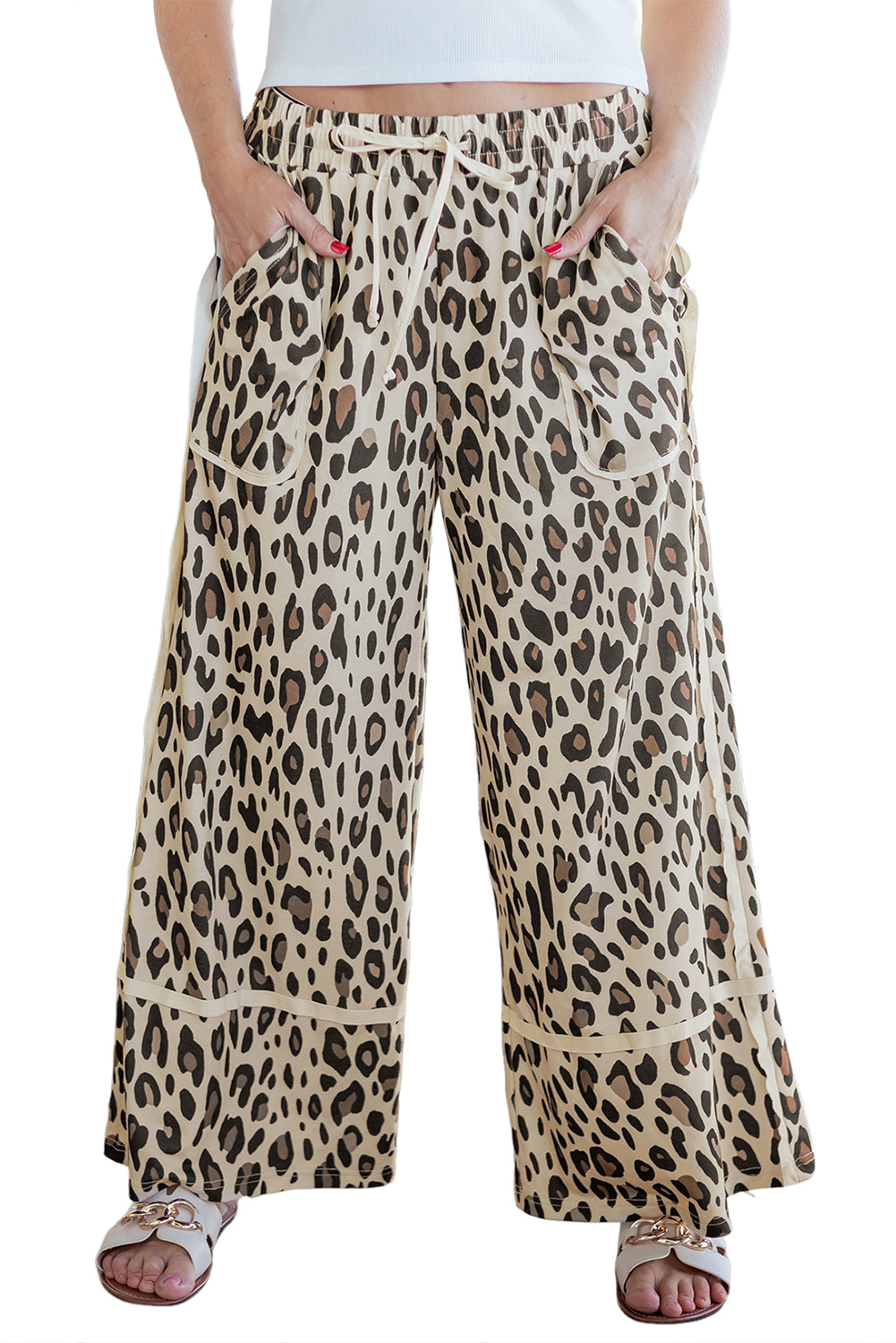Khaki Exposed Seam Patched Pocket Plus Size Drawstring Leopard Wide Leg Pants