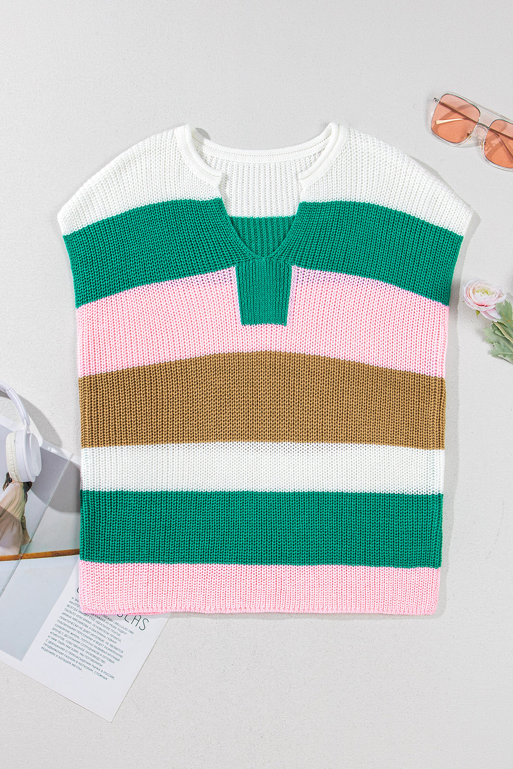 Pink Color Block Notch V Neck Sweater T Shirt