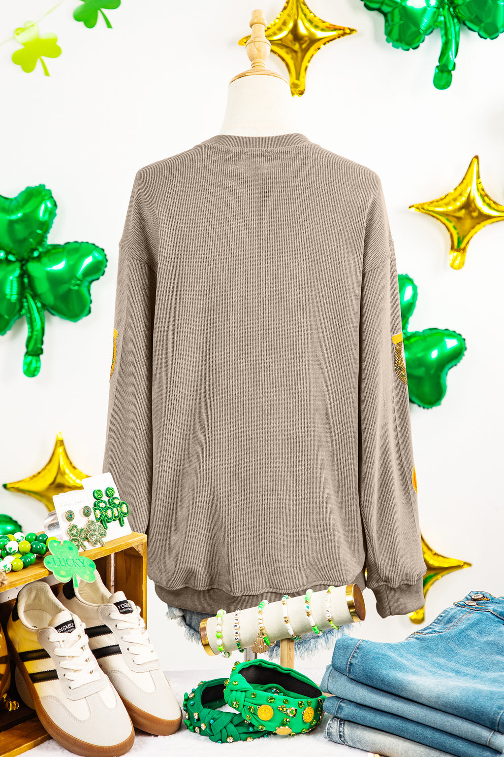 Khaki Sequin Horseshoe Mardi Gras Graphic Corded Ribbed Baggy Sweatshirt