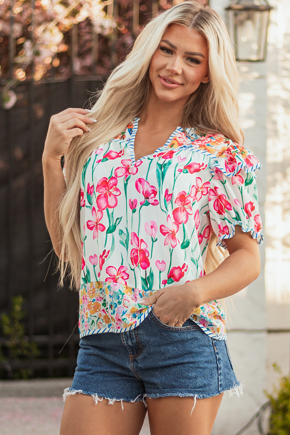 Pink Plus Size Floral Print Striped Trim V Neck Blouse