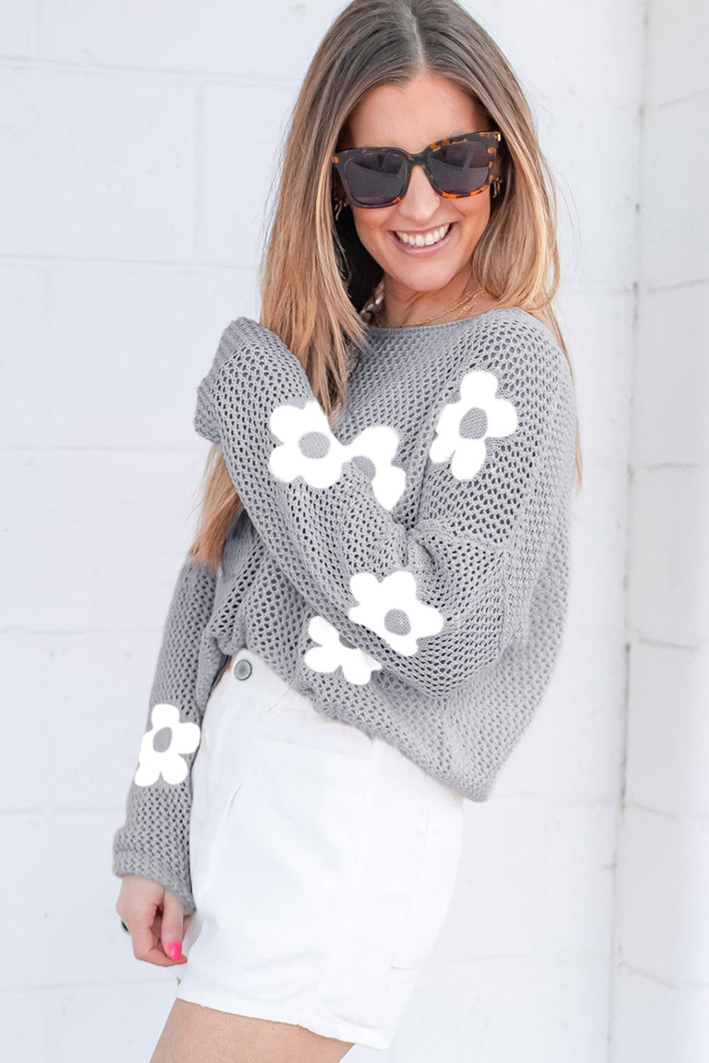 Light Pink Big Flower Hollowed Knit Drop Shoulder Sweater