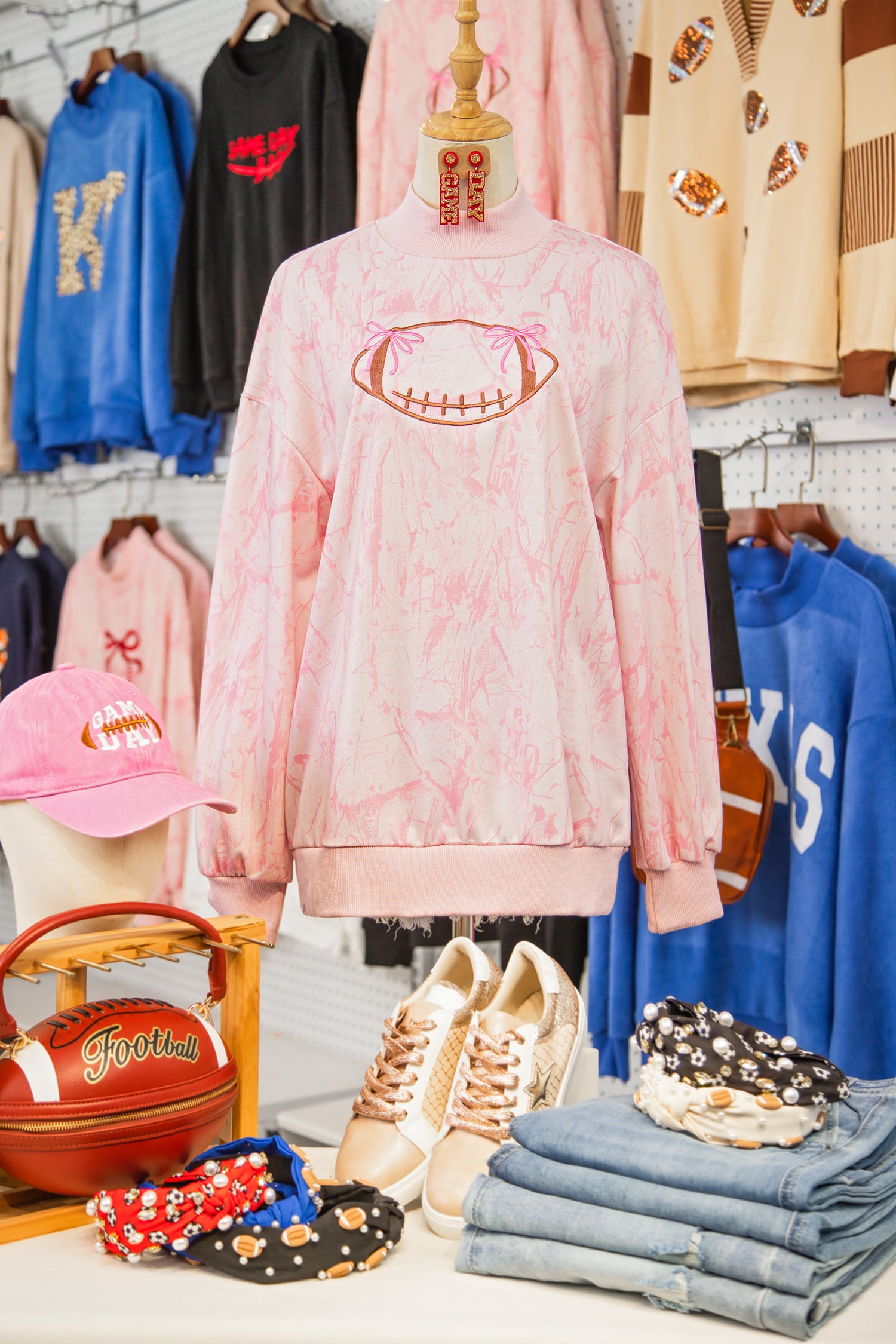 Pink Oversize Rugby Embroidered Camo Mock Neck Sweatshirt