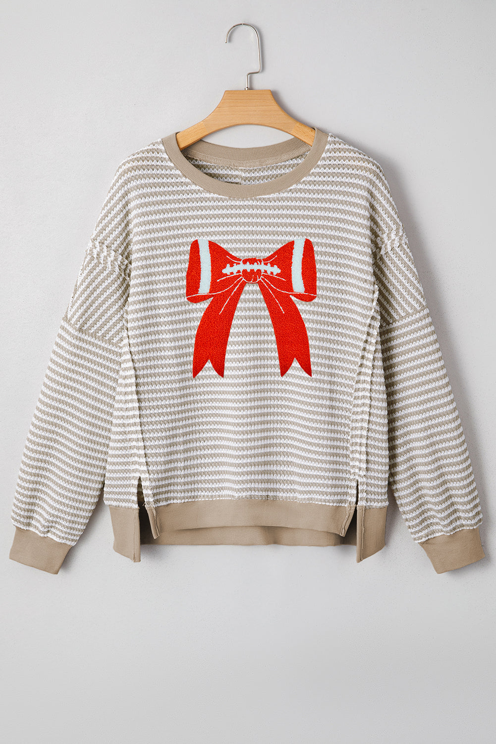 Red Stripe Ribbed Trim Drop Shoulder Long Sleeve Oversize Top