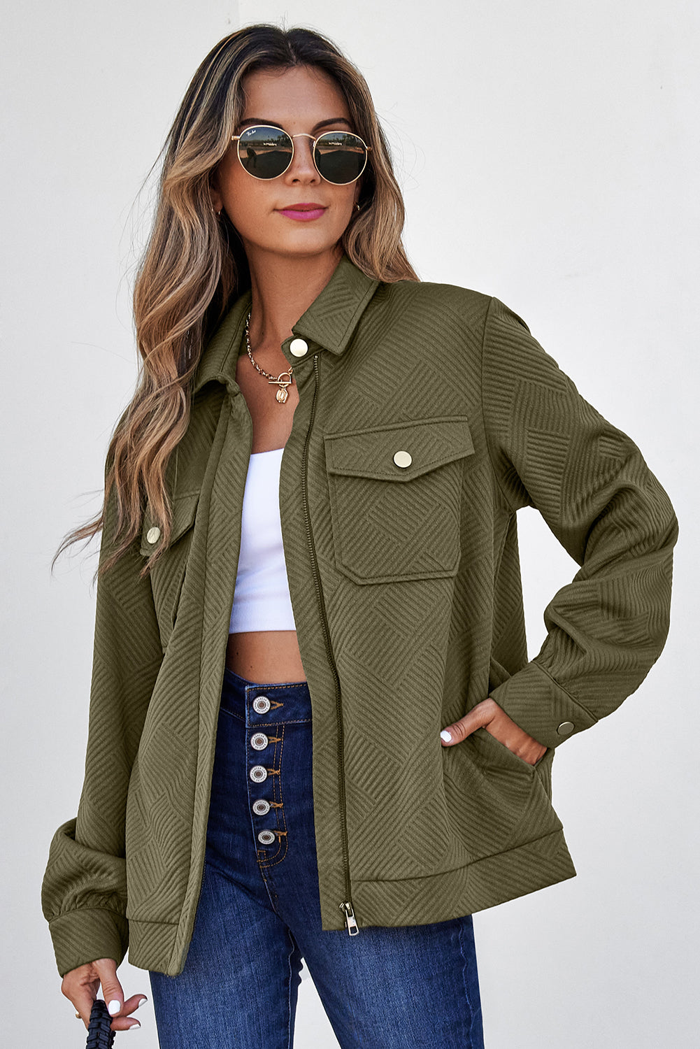 Coffee Solid Color Zip Up Button Flap Pocket Shirt Collar Jackets