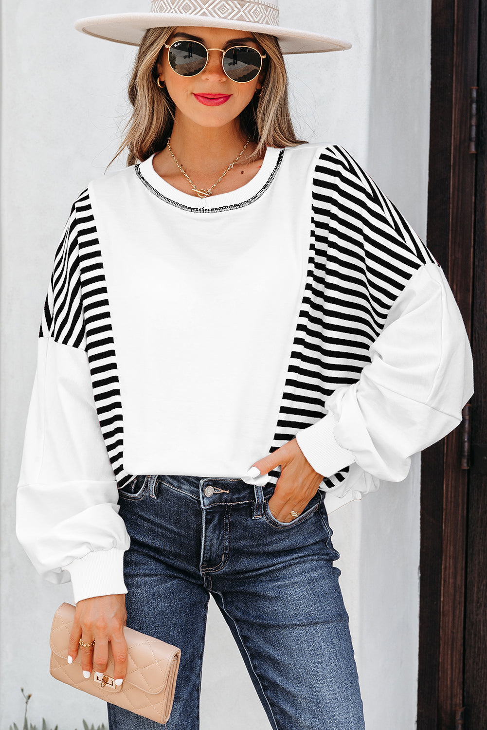 Red Stripe Colorblock Patchwork Contrast Stitching Oversize Sweatshirt