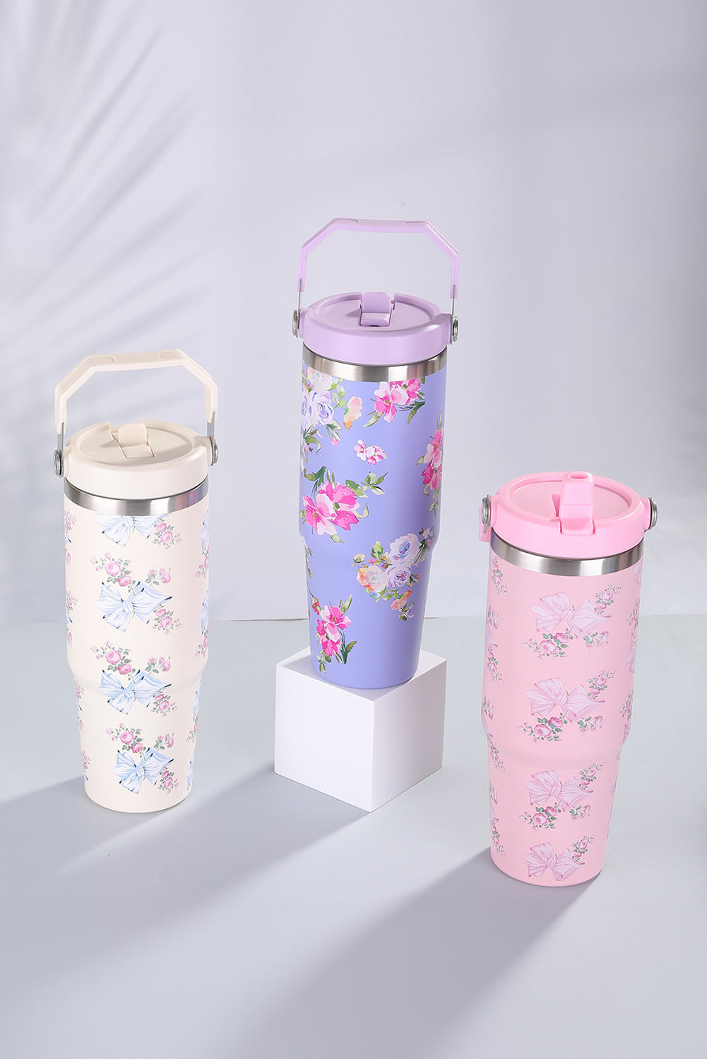 Pink 30OZ Bow Floral Print Flip Handle Straw Tumbler