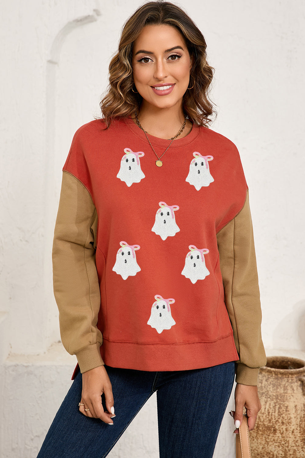 Gold Flame Glitter Ghost Patched Pattern Colorblock Sweatshirt