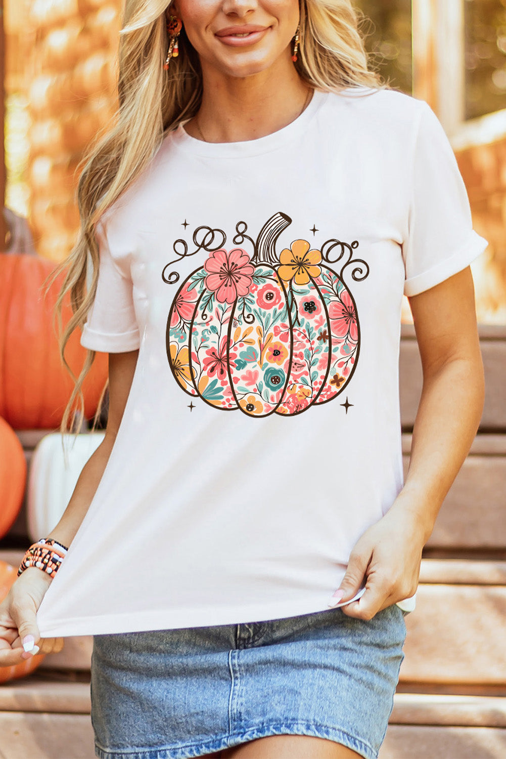 White Floral Pumpkin Print Cotton Blend T Shirt