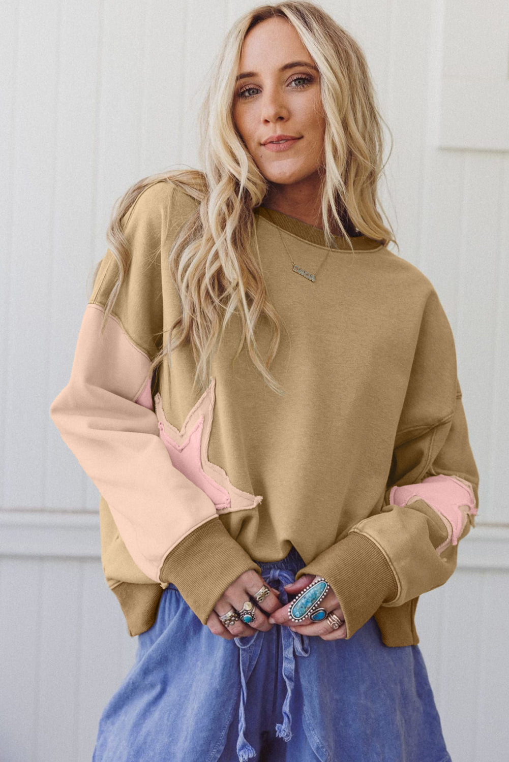 Rose Pink Contrast Star Patchwork Exposed Seam Uneven Hem Drop Shoulder Sweatshirt