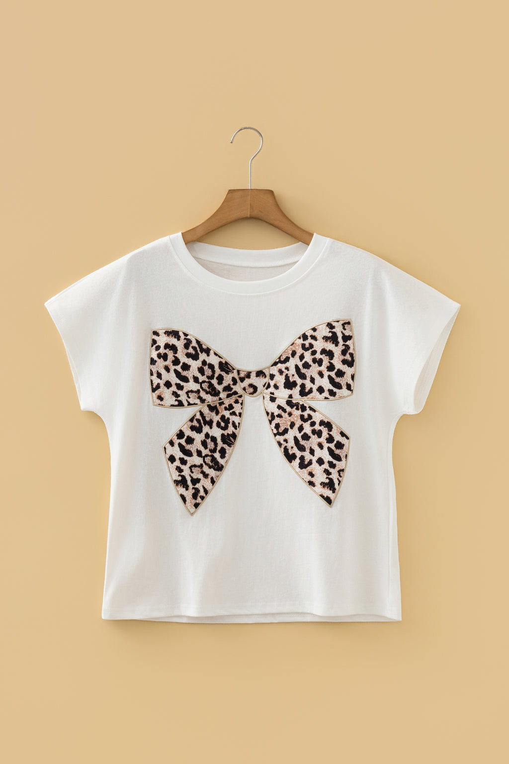 Pink Leopard Bow Embroidered Cotton Round Neck T Shirt