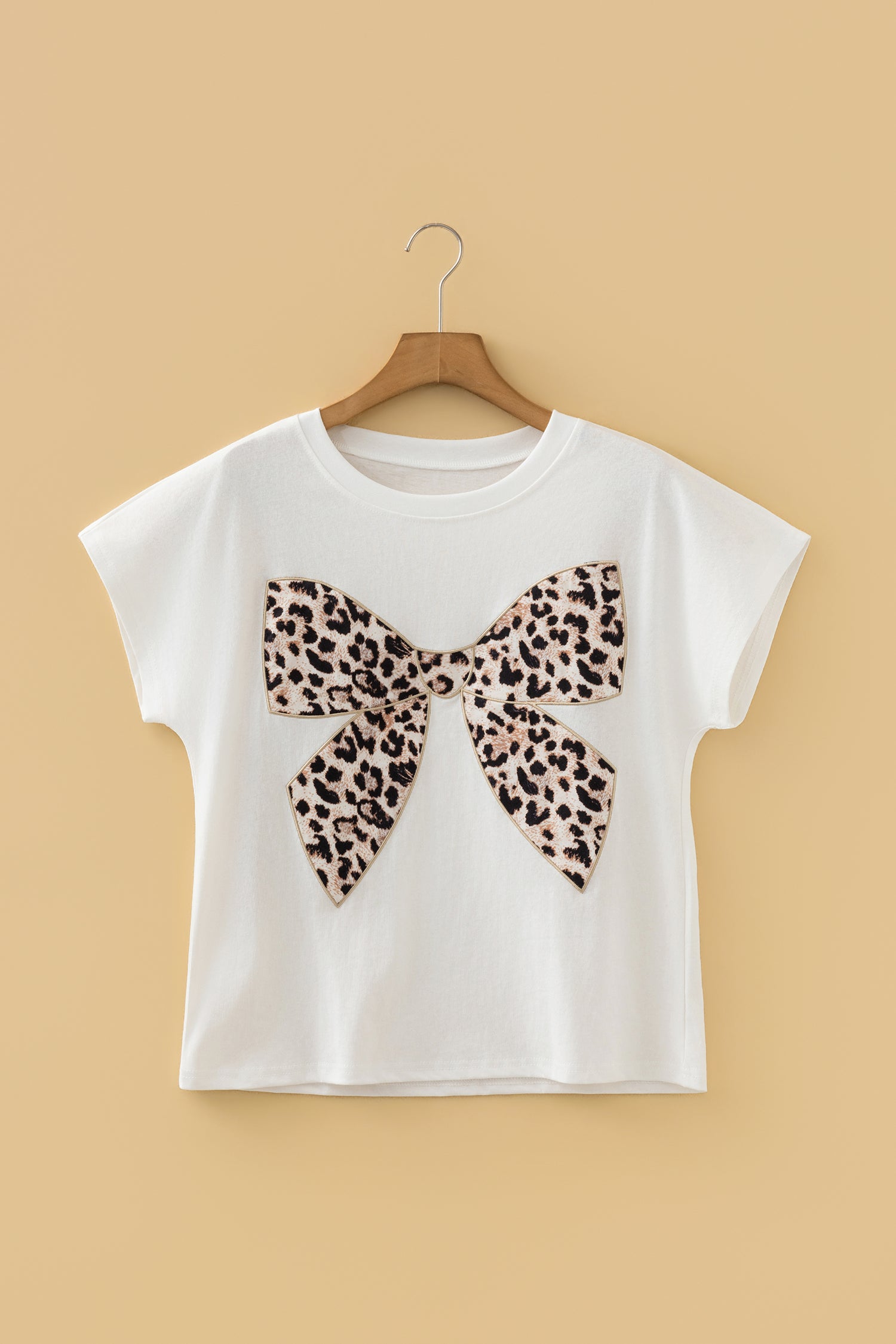 Pink Leopard Bow Embroidered Cotton Round Neck T Shirt